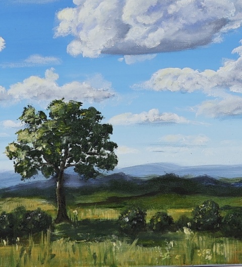 Obraz akryl + olej 40x50 cm „Samotne drzewo pod chmurami”