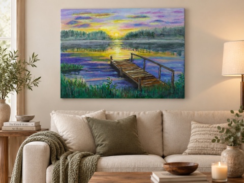 Obraz olejny 55x75 cm „Pomost o świcie”