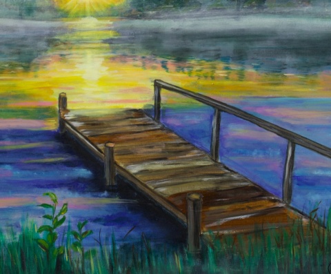 Obraz olejny 55x75 cm „Pomost o świcie”