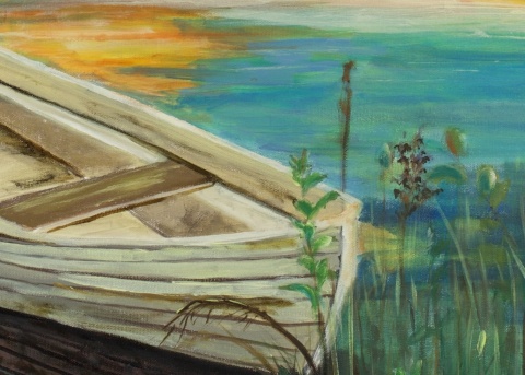 Obraz olejny 55x75 cm „Łódka o zachodzie”