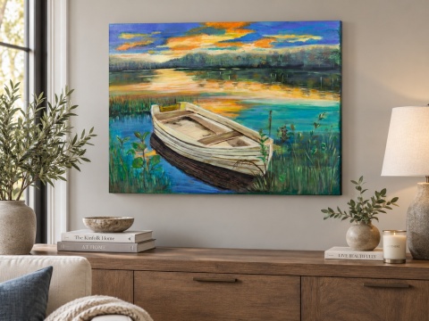 Obraz olejny 55x75 cm „Łódka o zachodzie”
